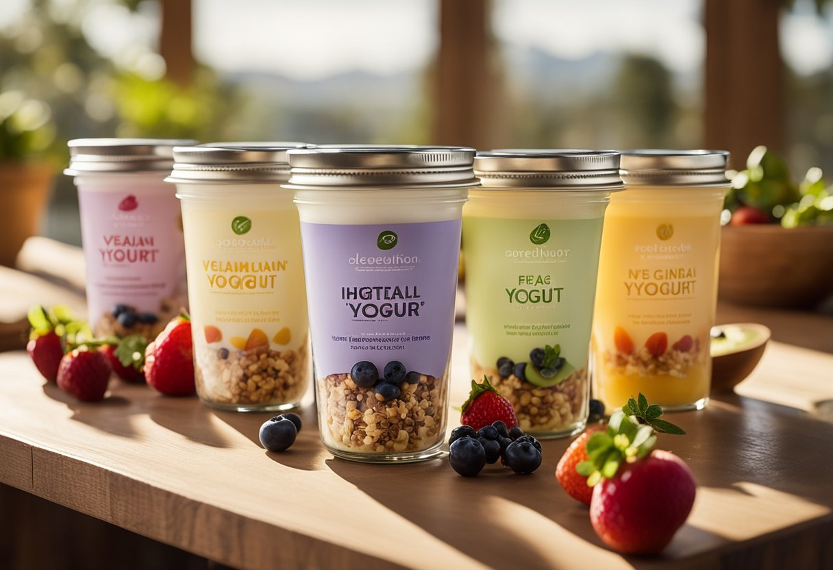 A variety of vegan yogurt flavors displayed on a wooden table with fresh fruit and granola toppings. Sunlight streaming in through a window illuminates the scene