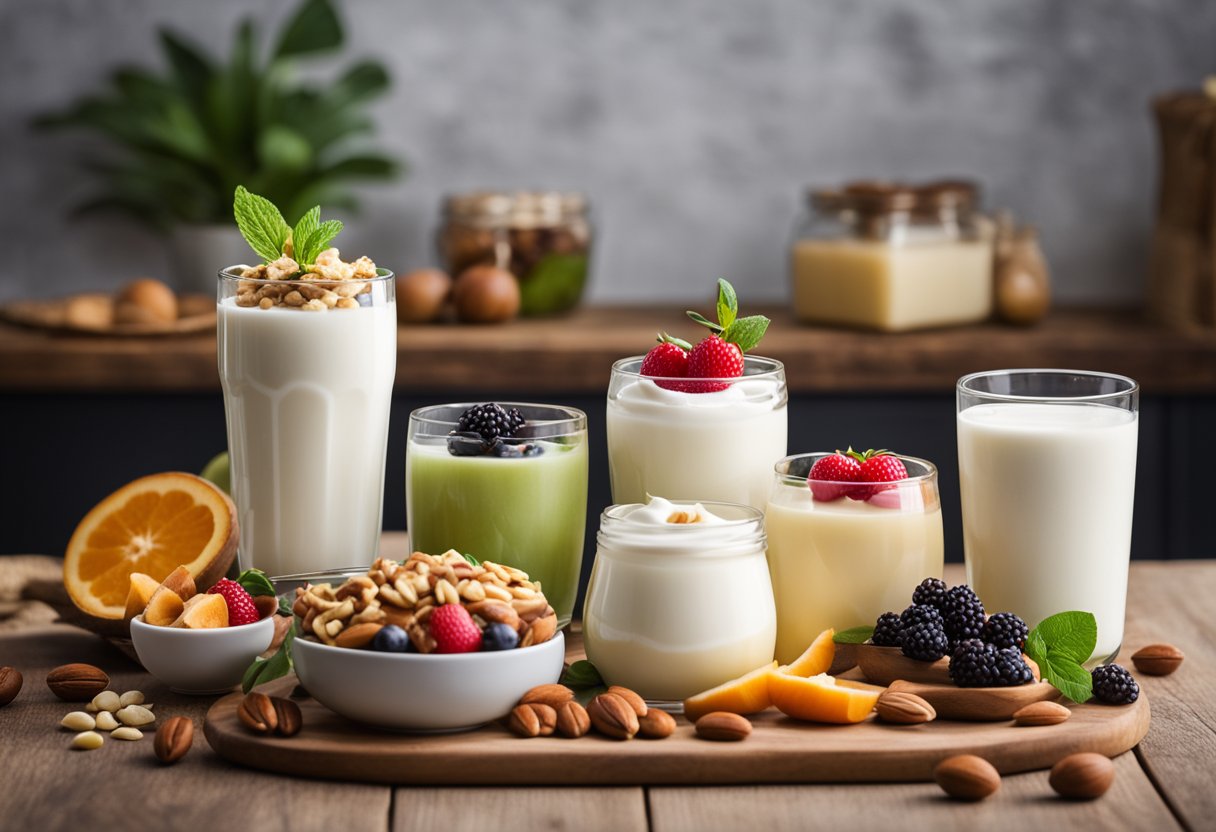 A variety of vegan yogurts displayed on a wooden table with fresh fruits and nuts scattered around them